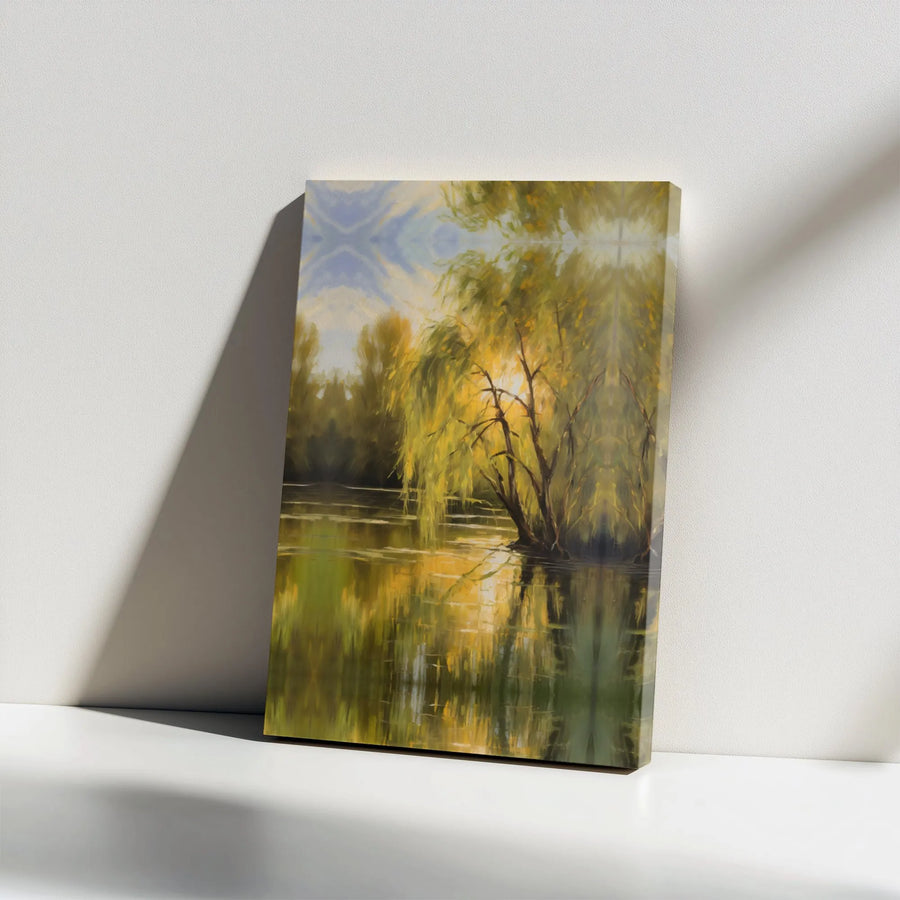 Weeping Willow Canvas Wall Art | Impressionist River Sunset Landscape | Premium Gallery Wrap Print | Serene Nature Decor for Living Room