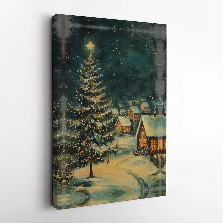 Vintage Christmas Village Canvas Wall Art | Snowy Winter Landscape with Lit Pine Tree | Gallery-Quality 1.25 Inch Wrap | Festive Holiday Home Decor Gift