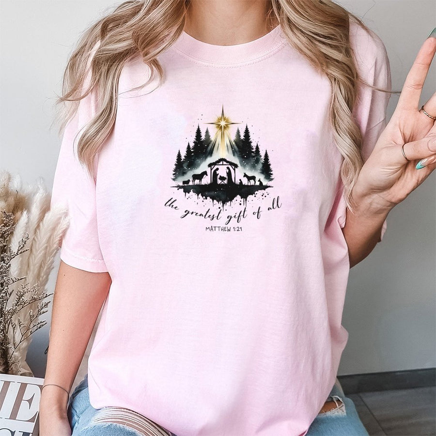 Nativity Scene T-Shirt | The Greatest Gift Of All Christian Christmas Apparel | 100% Cotton Religious Graphic Tee | Faith-Based Holiday Gift For Adults