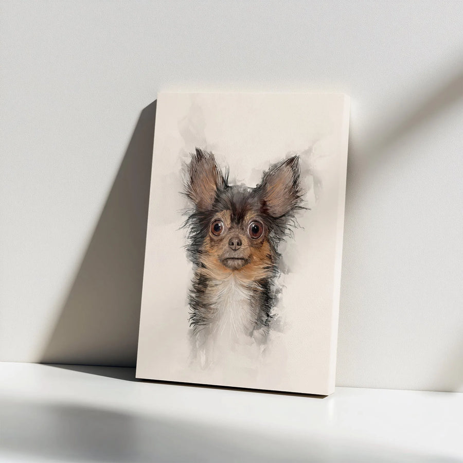 Long Haired Chihuahua Canvas Print | Watercolor Sketch Dog Portrait | Premium Gallery Wrapped Wall Art | Collector's Gift for Dog Lover and Pet Owners