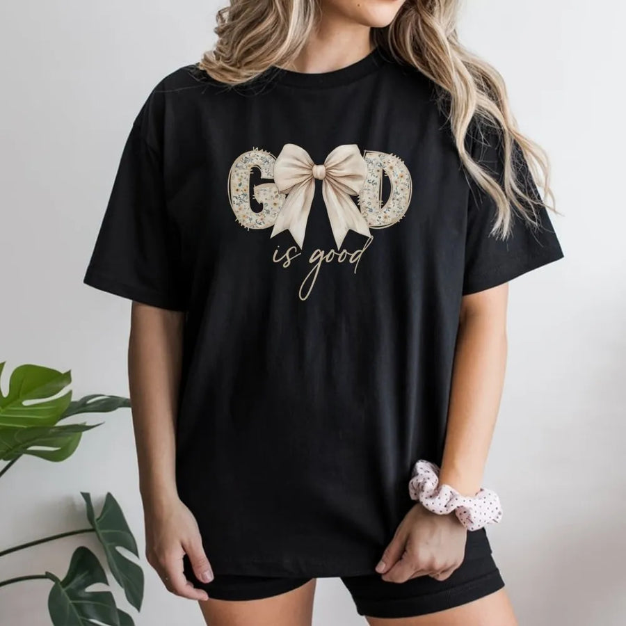 God Is Good T-Shirt | Floral Bow Aesthetic Graphic Tee | Premium Cotton Soft Crewneck | Christian Faith Gift for Women & Teens