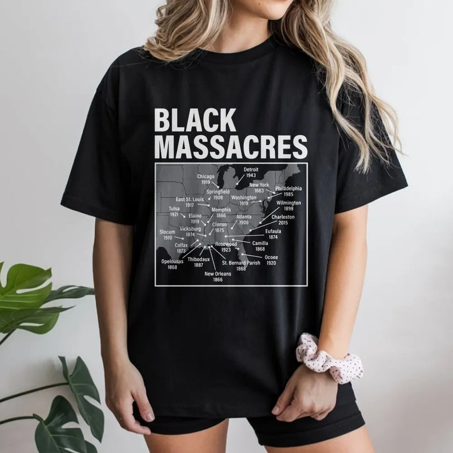 Black Massacres Historical Map T-Shirt | Educational Civil Rights Apparel | Premium Soft Cotton Tee | African American History Month Gift