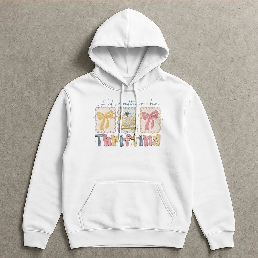 I'd Rather Be Thrifting Hoodie | Cute Vintage Shop Bow Graphic Print | Premium Soft Cotton Blend | Thrift Store Gift for Thrifter Lover