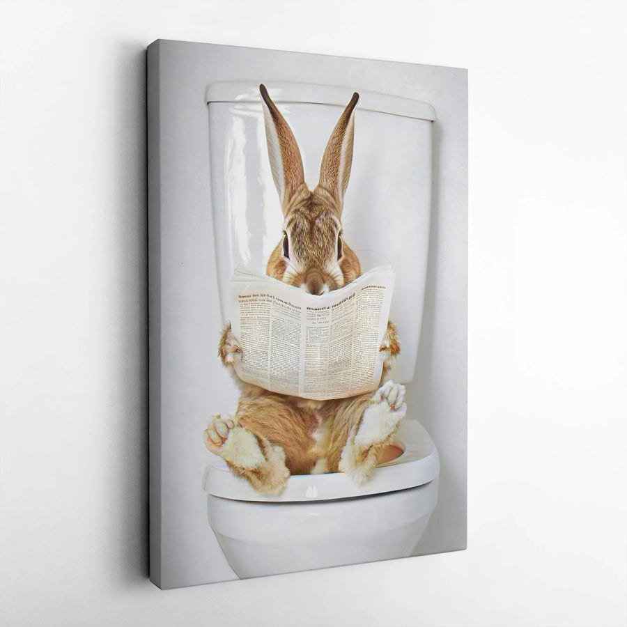 Rabbit Toilet Reading Newspaper Canvas | Funny Animal Bathroom Wall Art | Gallery Wrapped Premium Decor | Whimsical Home Decor Gift