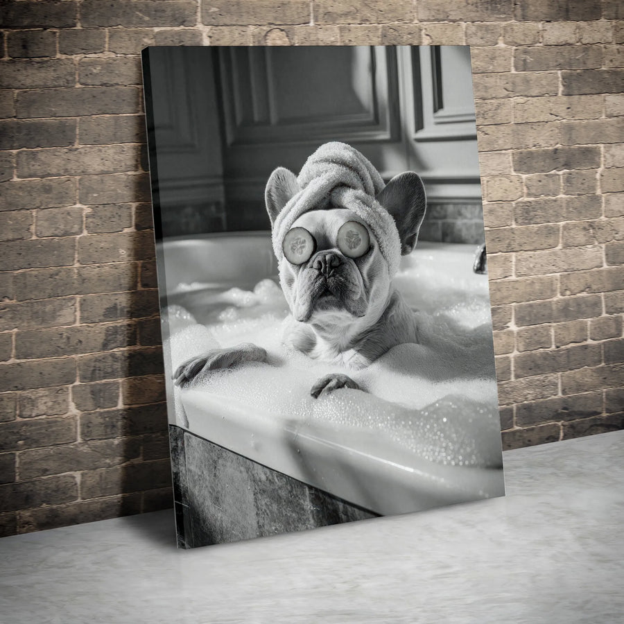 French Bulldog Spa Day Canvas | Cute Dog in Bubble Bath Wall Art | 1.25 Inch Gallery Wrap | Funny Bathroom Decor for Dog Lovers