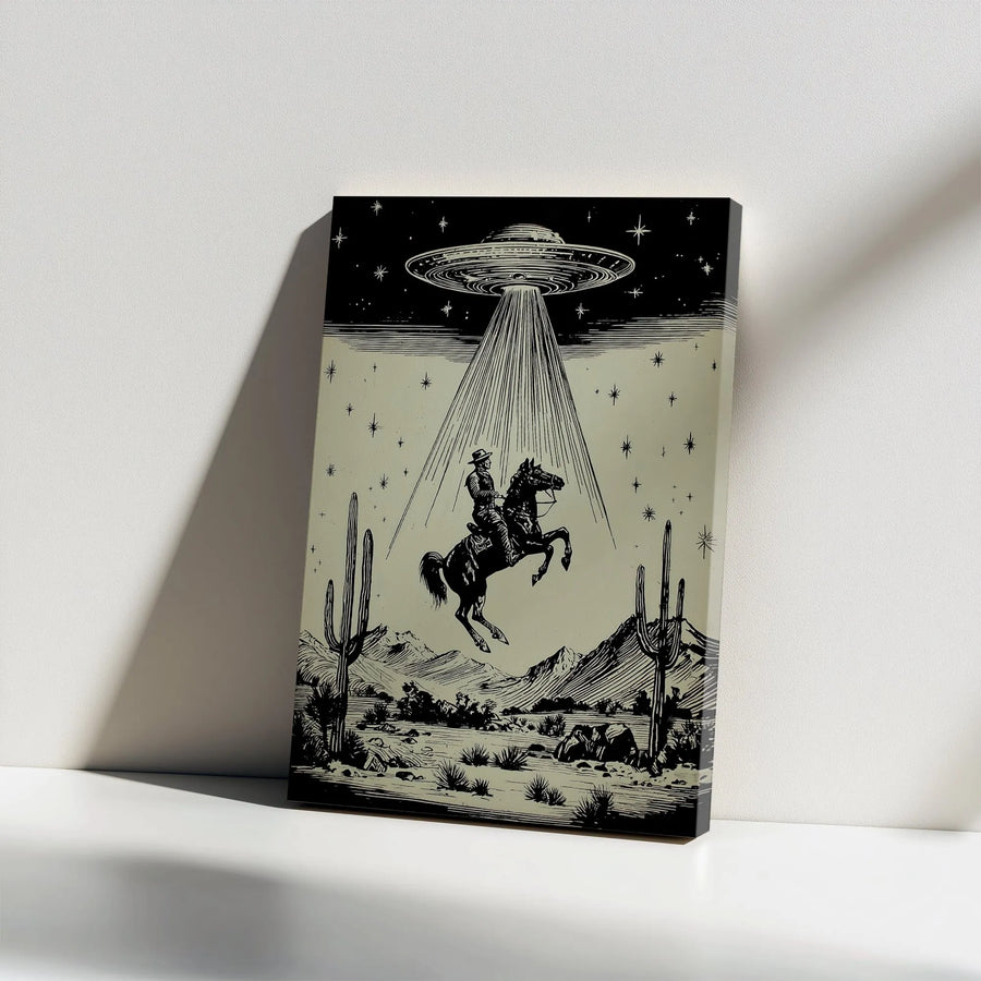 Western Cowboy UFO Canvas Wall Art | Surreal Desert Alien Abduction Print | Premium Gallery Wrap Decor | Unique Sci-Fi Home Gift