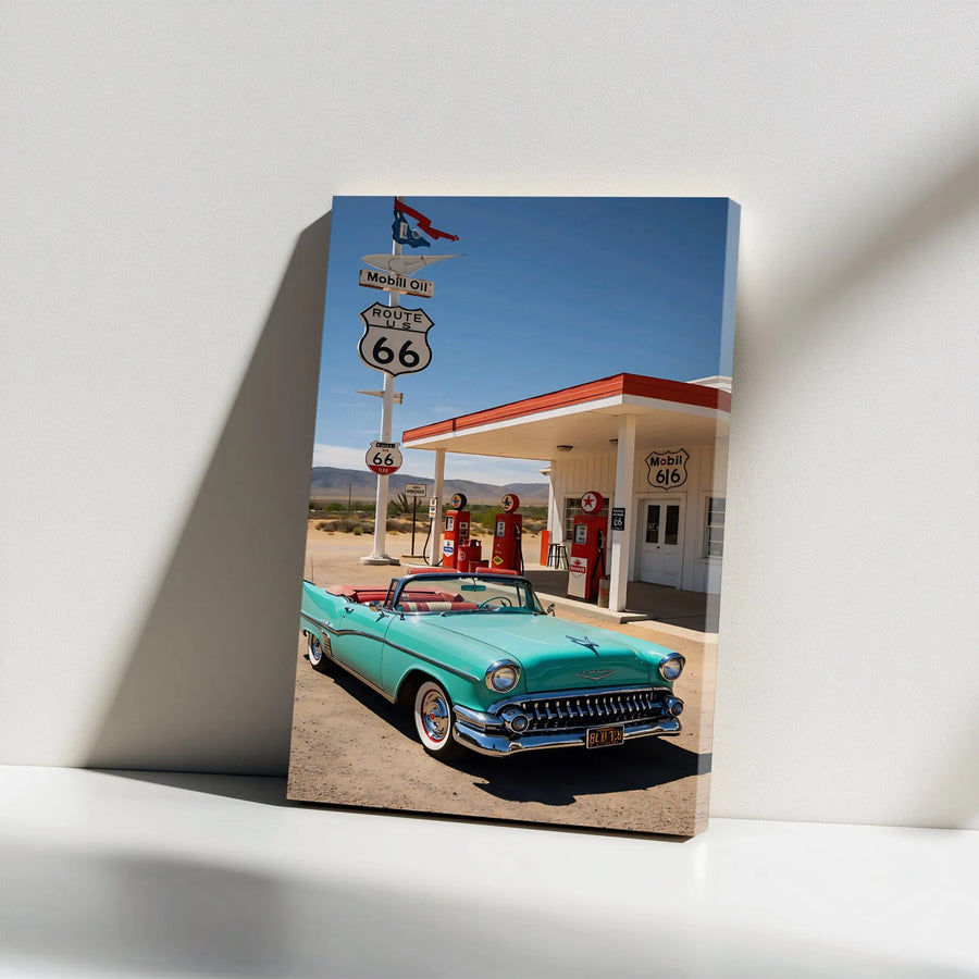 Route 66 Classic Car Canvas Wall Art | Vintage Turquoise Convertible Gas Station Print | Premium 1.25 Inch Gallery Wrap | Americana Decor for Man Cave