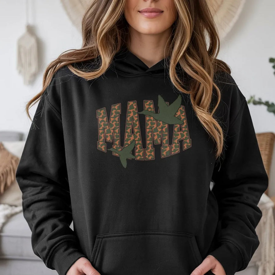 Mama Duck Hunting Hoodie | Camo Print Lettering Design | Premium Cotton Blend | Country Lifestyle Gift for Outdoor Women