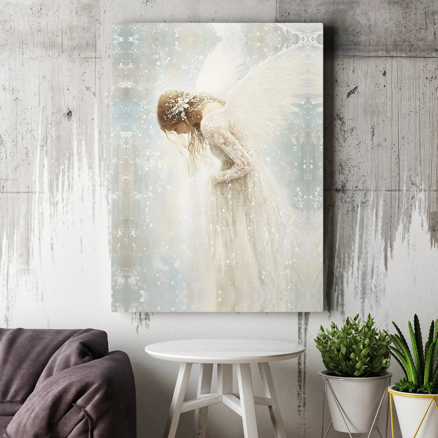 Serene Angel Wall Art | Ethereal Woman in White Lace Gown | Premium Gallery-Wrapped Canvas | Spiritual Home Decor Gift