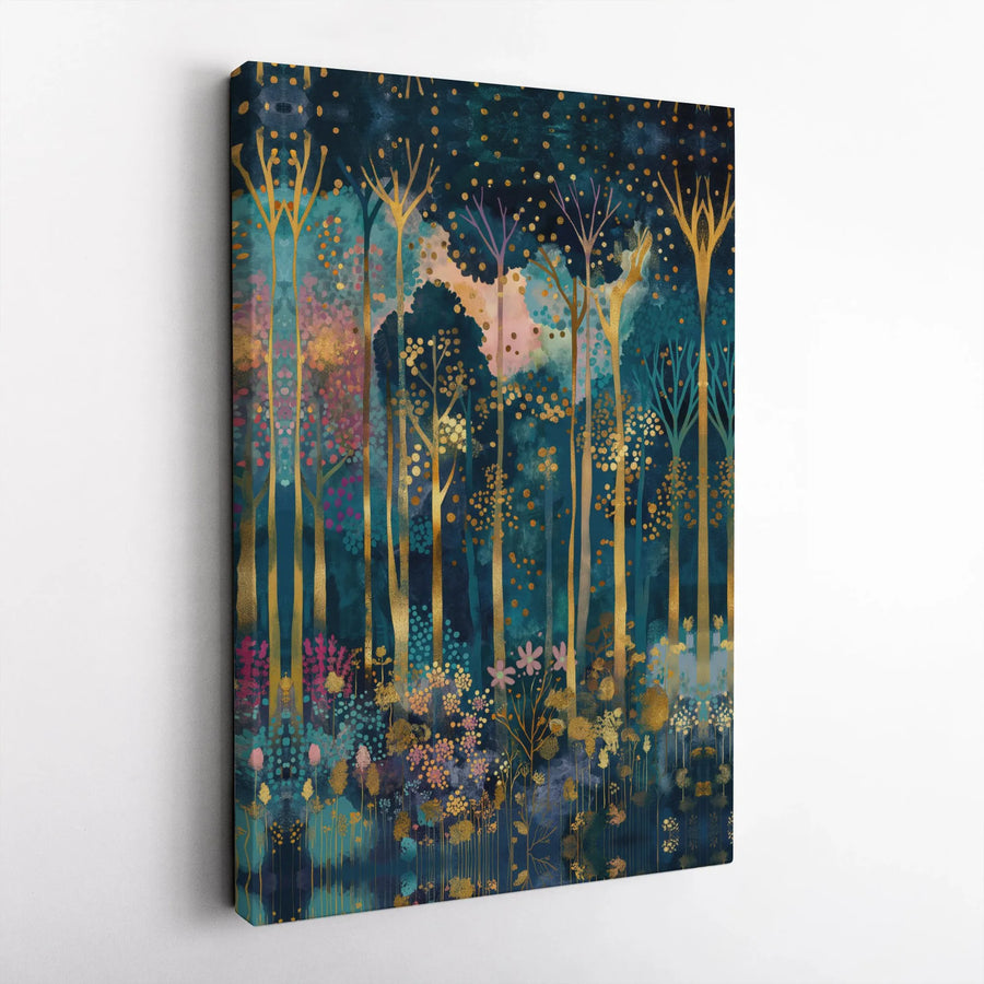 Teal and Gold Forest Canvas Wall Art | Enchanted Woodland Abstract Print | Premium Gallery Wrapped Decor | Modern Home Office Living Room Gift