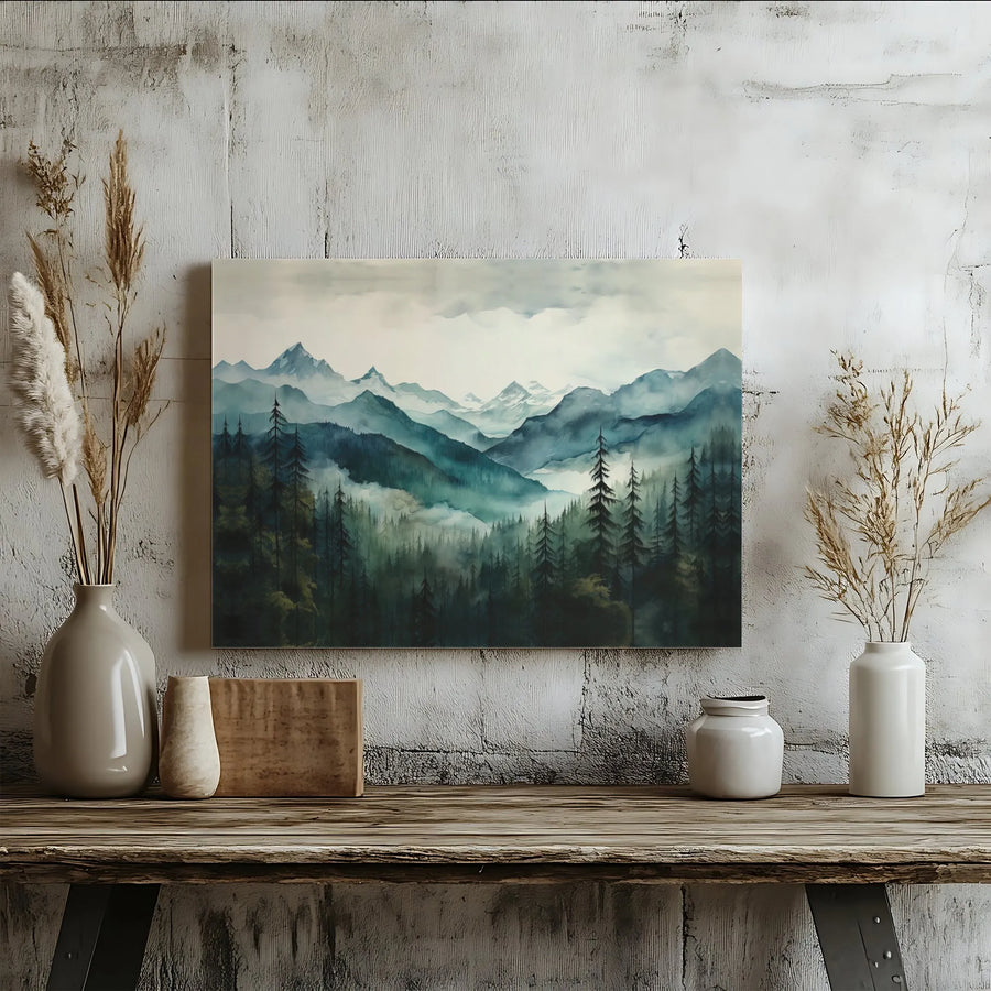 Mountain Landscape Canvas Art | Misty Pine Forest Watercolor Print | Premium Gallery Wrap Wall Decor | Nature Inspired Gift for Home Office