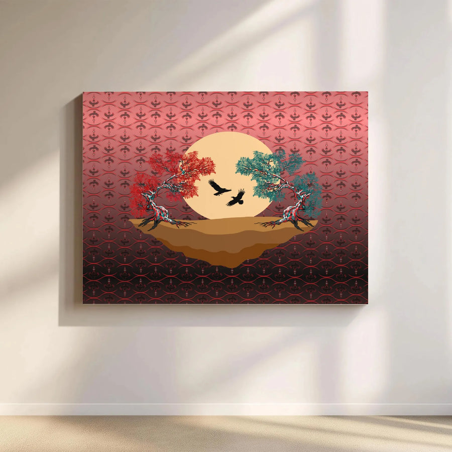 Mystical Tree of Life Canvas Print | Abstract Two Ravens & Sun Artwork | Gallery Wrapped Premium Canvas | Modern Spiritual Home Decor Gift