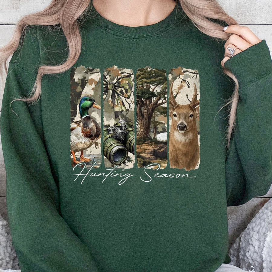 Hunting Season Sweatshirt | Preppy Camo Bow and Deer Graphic | Premium Cotton Blend | Gift for Duck and Deer Hunters Women