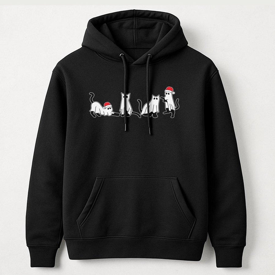 Christmas Ghost Cat Hoodie | Funny Spooky Santa Hat Kitten Graphic | Cotton-Poly Blend Sweatshirt | Holiday Gift For Cat Lovers