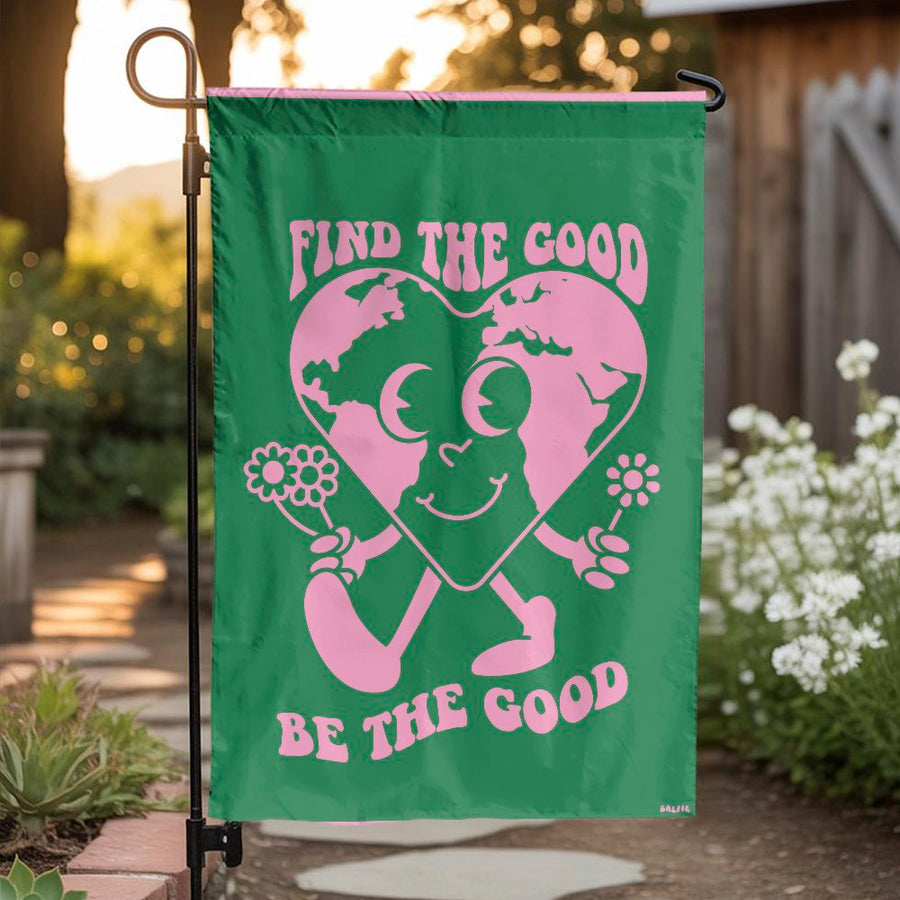 Find The Good Be The Good Garden Flag | Retro Earth Heart Floral Design | Weather-Resistant Polyester | Inspiring Outdoor Decor & Yard Gift