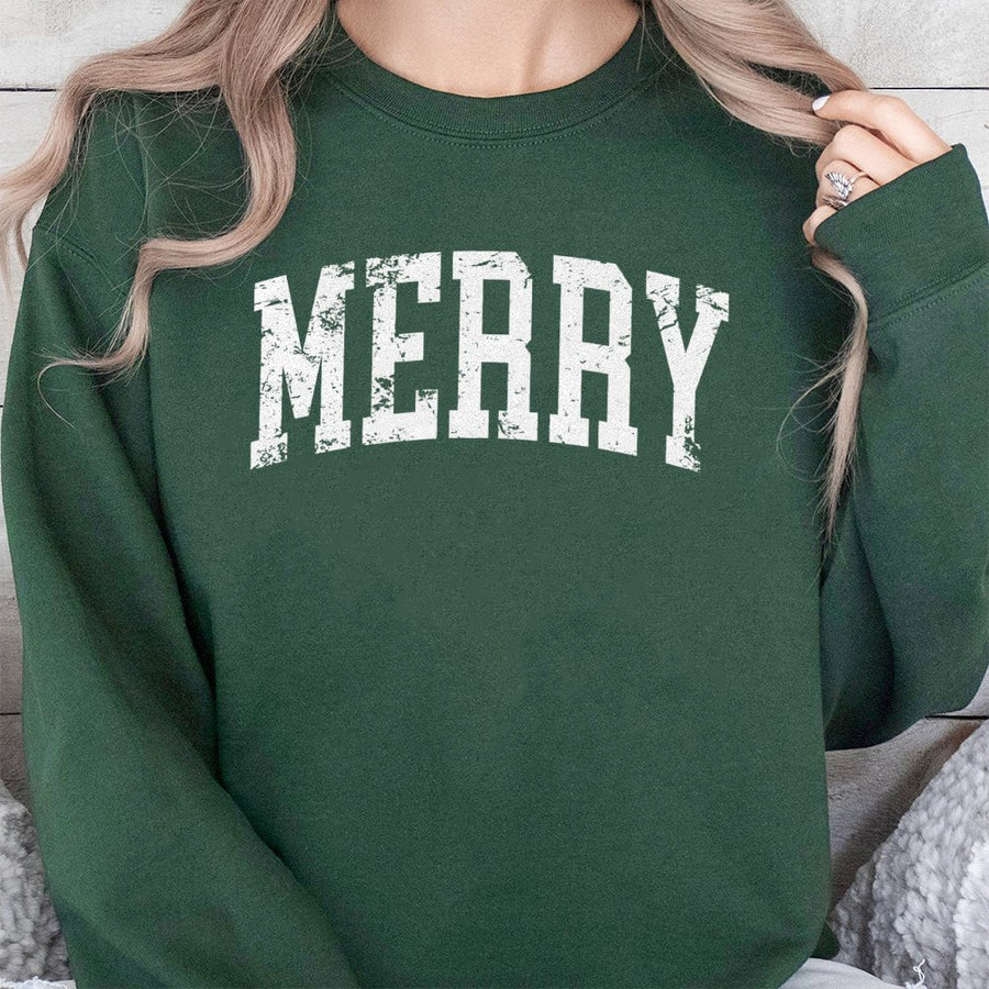 Merry Christmas Sweatshirt | Distressed Varsity Lettering | Cotton Blend Cozy Crewneck | Holiday Gift for Women and Men