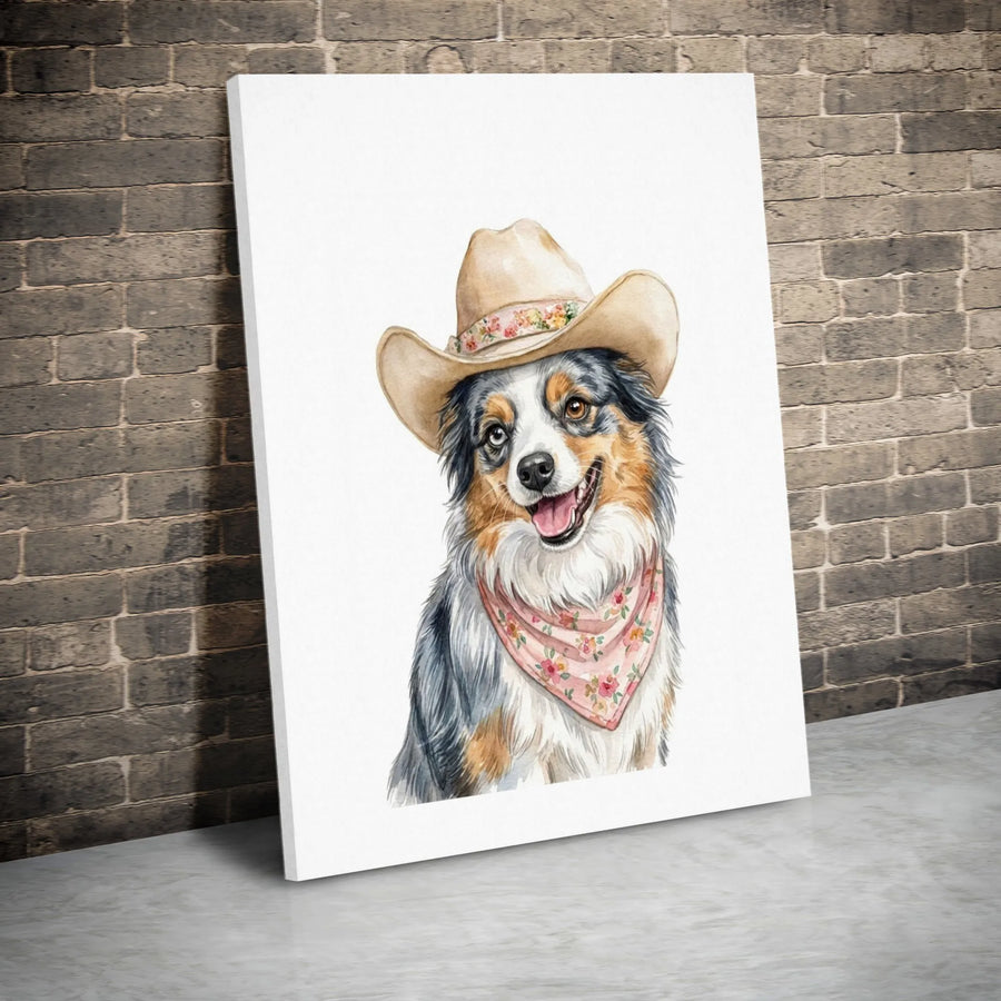 Australian Shepherd Wall Art | Watercolor Dog in Cowboy Hat | Premium Gallery Wrap Canvas | Western Farmhouse Decor Gift for Dog Lovers