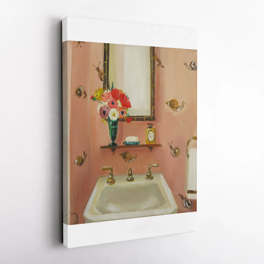 Vintage Snail Bathroom Painting Canvas | Whimsical Escargot & Floral Art | Premium Gallery Wrapped Print | Unique Maximalist Home Decor Gift