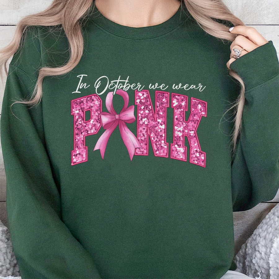 In October We Wear Pink Sweatshirt | Breast Cancer Awareness Ribbon Design | Premium Cotton Blend | Gift For Cancer Fighters and Supporters