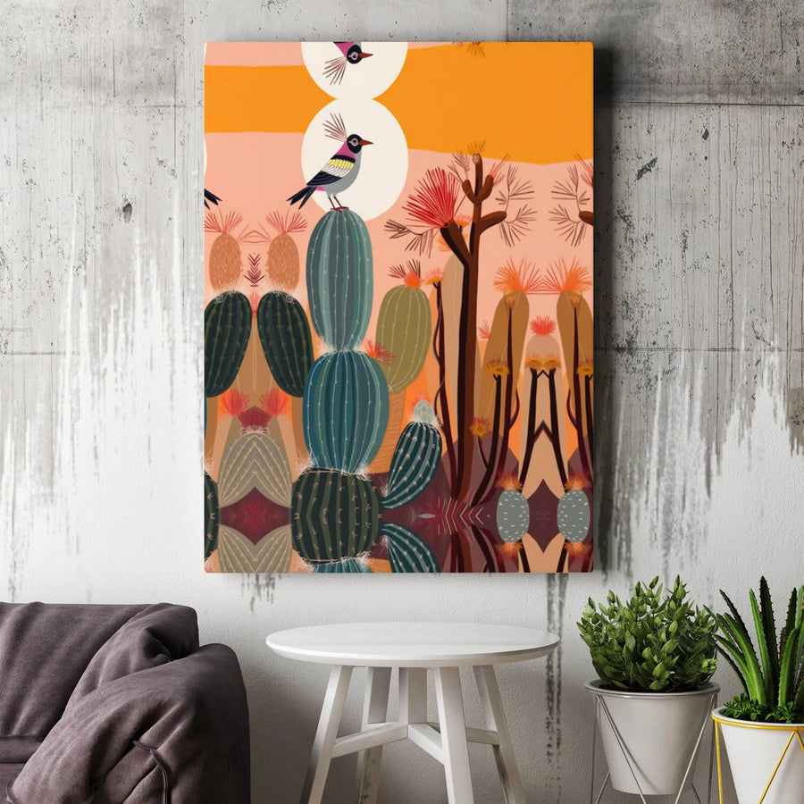 Desert Cactus Wall Art | Mid-Century Modern Bird Print | Premium Gallery Wrapped Canvas | Bohemian Southwestern Home Decor Gift