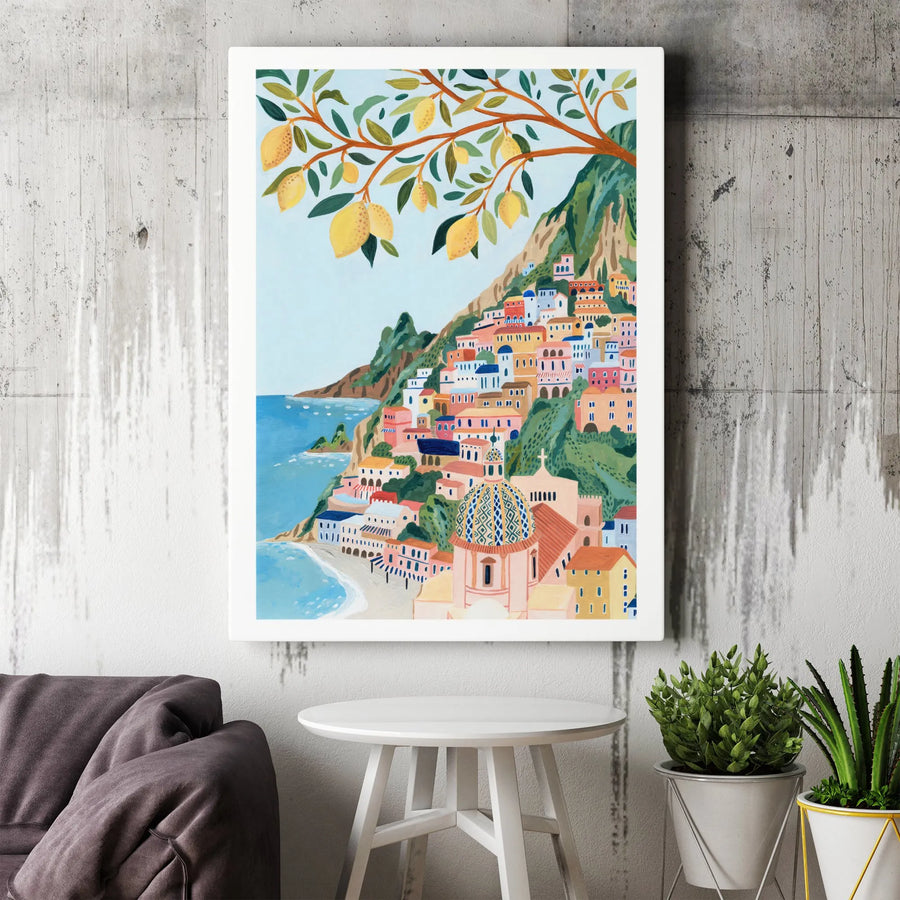 Positano Italy Wall Art | Amalfi Coast Watercolor Travel Print | Premium Gallery Wrap Canvas | Mediterranean Home Decor Gift for Travel Lovers