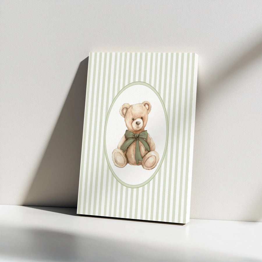 Watercolor Teddy Bear Canvas Print | Cute Bear on Striped Background | Premium Gallery Wrapped Canvas | Gender Neutral Nursery Decor Gift