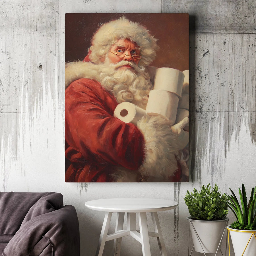 Funny Santa Claus Canvas Wall Art | Humorous Toilet Paper Painting | Premium Gallery Wrap Print | Unique Christmas Decor Gift for Home or Office