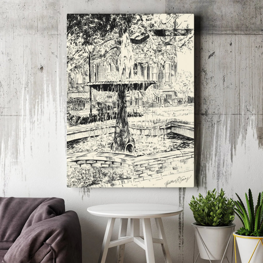 Columbia Square Savannah Canvas Print | Pen & Ink Sketch Wall Art | Premium 1.25" Thick Profile | Unique Georgia Souvenir Gift for Travelers