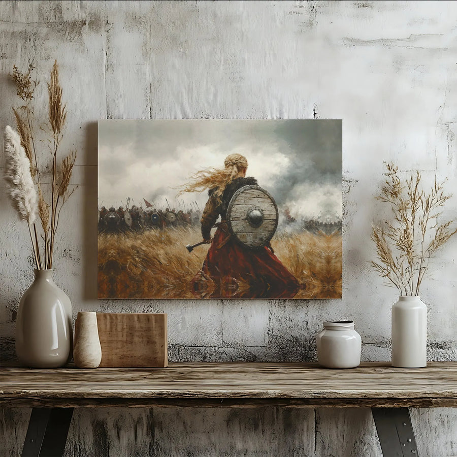 Viking Shield Maiden Canvas Wall Art | Warrior Woman Battle Scene Print | Premium Gallery Wrapped Decor | Gift for History Lovers