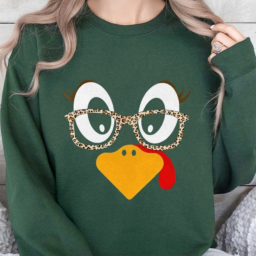 Funny Thanksgiving Turkey Sweatshirt | Leopard Print Glasses Design | Premium Cotton Blend | Cute Holiday Gift for Teachers and Women