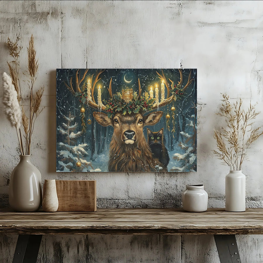 Christmas Deer Canvas Wall Art | Magical Forest Black Cat Print | 1.25 Inch Gallery Wrap | Festive Winter Holiday Home Decor Gift