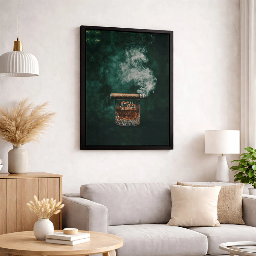 Whiskey and Cigar Wall Art | Smoking Bourbon Glass Portrait | Premium Gallery Wrapped Canvas | Sophisticated Man Cave Decor Gift
