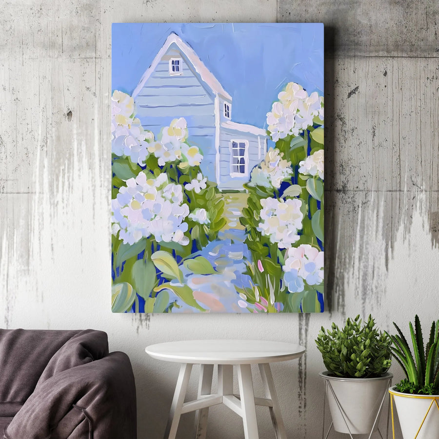 Hydrangea House Canvas Wall Art | Impressionist Floral Garden Painting | Premium Fade-Resistant Print | Farmhouse Living Room Decor Gift
