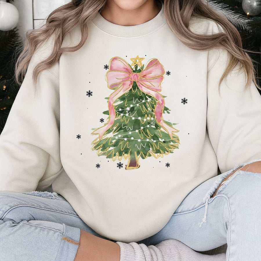 Christmas Tree Sweatshirt | Watercolor Bow Design | Premium Cotton Blend | Cozy Holiday Gift for Her
