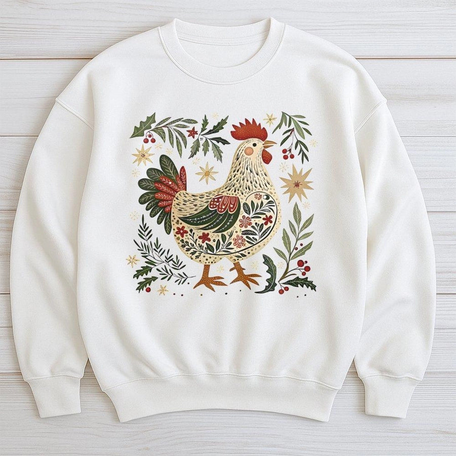 Christmas Chicken Sweatshirt | Folk Art Rooster Graphic Design | Premium Cotton Blend | Cozy Holiday Gift for Chicken Farmers and Animal Lovers