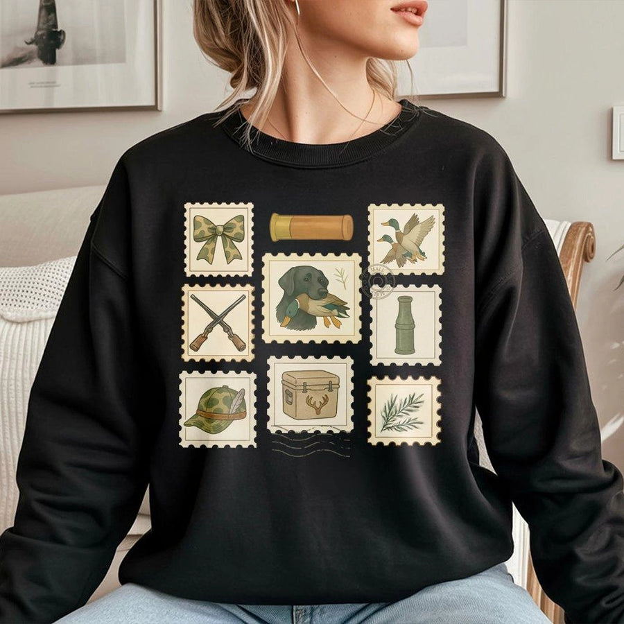 Duck Hunting Sweatshirt | Retro Stamp Collage Design | Premium Cotton Blend Crewneck | Outdoor Sports Gift for Hunters