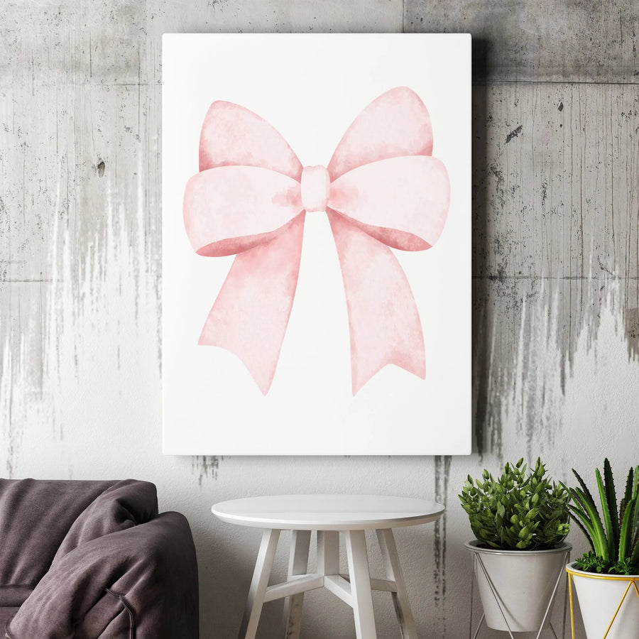 Pink Bow Canvas Wall Art | Minimalist Watercolor Illustration | Premium Gallery Wrap Canvas | Gift for Girl's Nursery Decor
