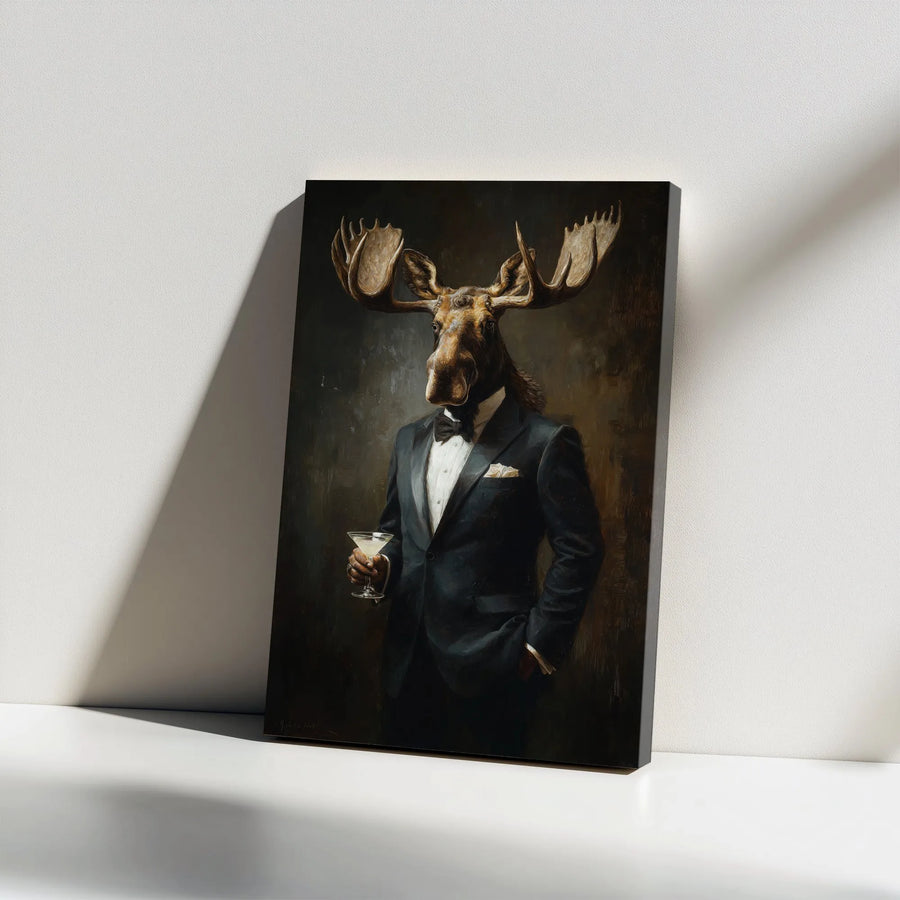 Dapper Moose in Tuxedo Canvas Wall Art | Victorian Animal Portrait Painting | Premium Gallery Wrap | Unique Bar & Man Cave Decor Gift
