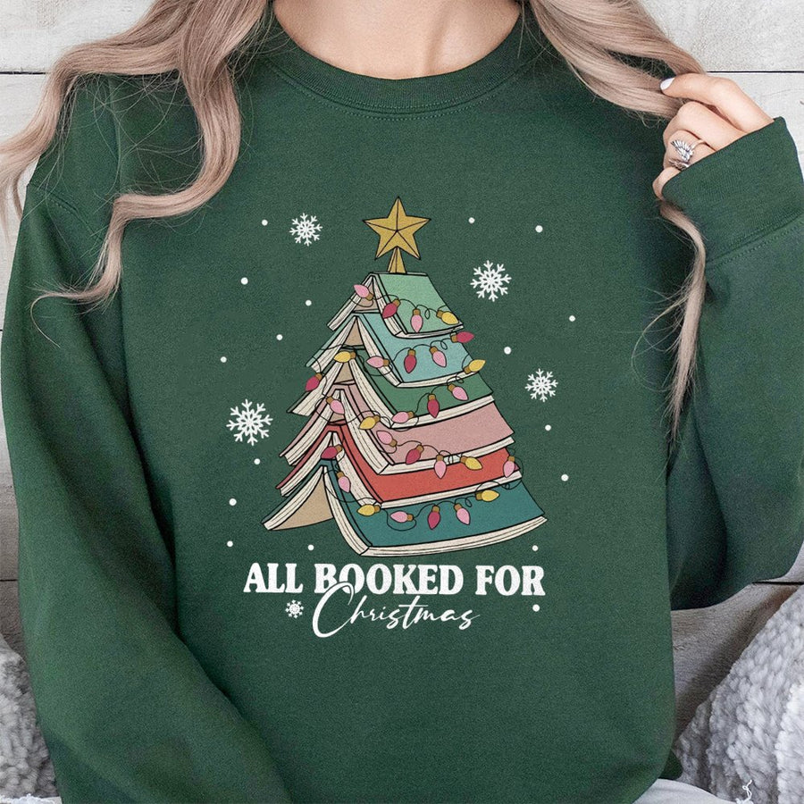 All Booked For Christmas Sweatshirt | Book Tree Graphic Design | Premium Cotton Blend | Gift For Book Lovers Readers Librarian Unisex Pullover