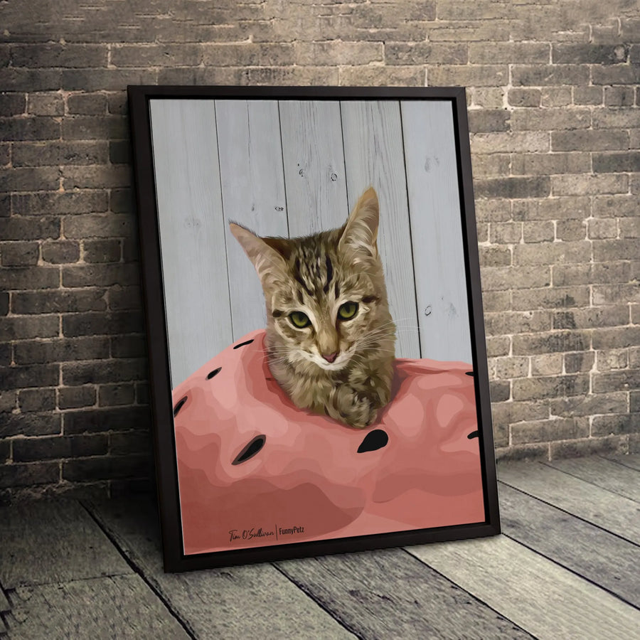Tabby Cat Wall Art | Cute Kitten in Watermelon Print | Premium Gallery Wrapped Canvas | Whimsical Animal Lover Gift