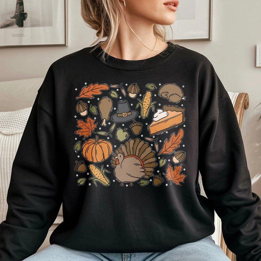 Thanksgiving Sweatshirt | Retro Doodle Turkey and Pumpkin Fall Graphic | Premium Unisex Crewneck | Cozy Autumn Outfit Gift for Her