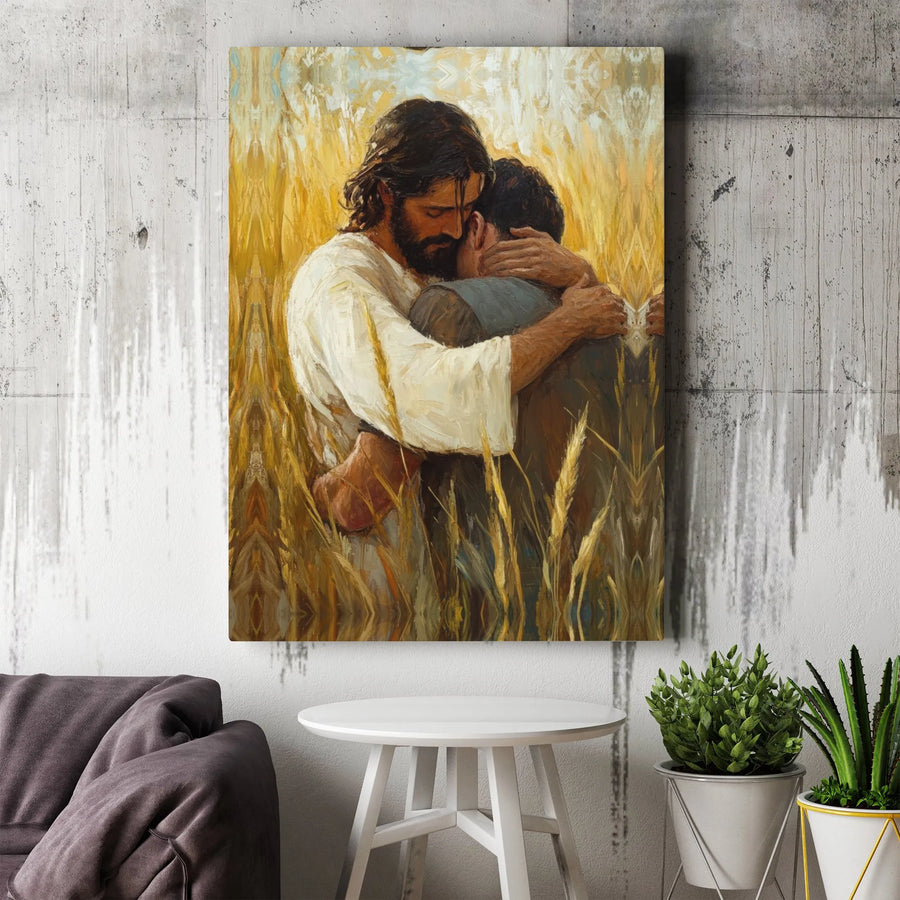 Jesus Christ Embracing Man Canvas Wall Art | Comforting Religious Painting | Premium Gallery Wrap Print | Christian Home Decor Gift