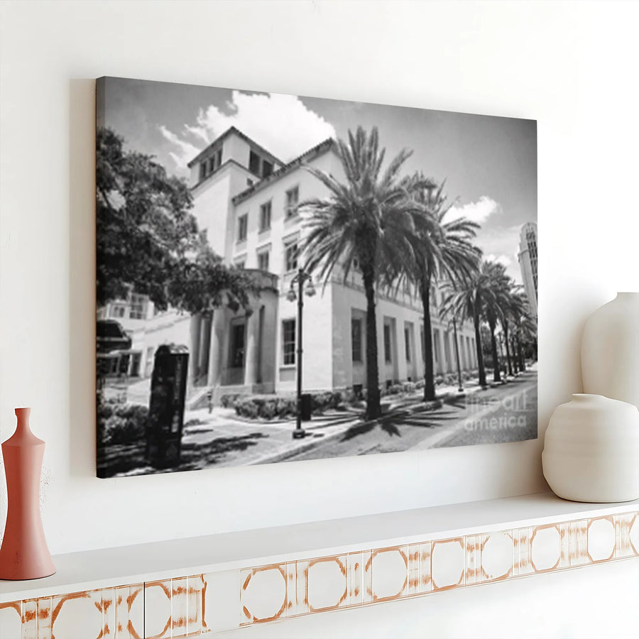 Vintage Post Office Canvas Wall Art | Black and White Architectural Photography Print | Premium Gallery Wrapped Canvas | Modern Home & Office Decor