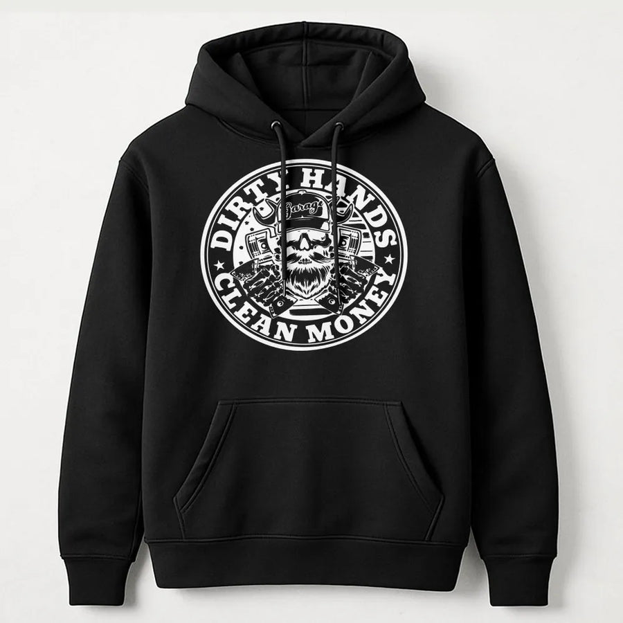Dirty Hands Clean Money Hoodie | Mechanic Skull Garage Graphic | Premium Cotton Blend | Gift For Blue-Collar Workers and Dads