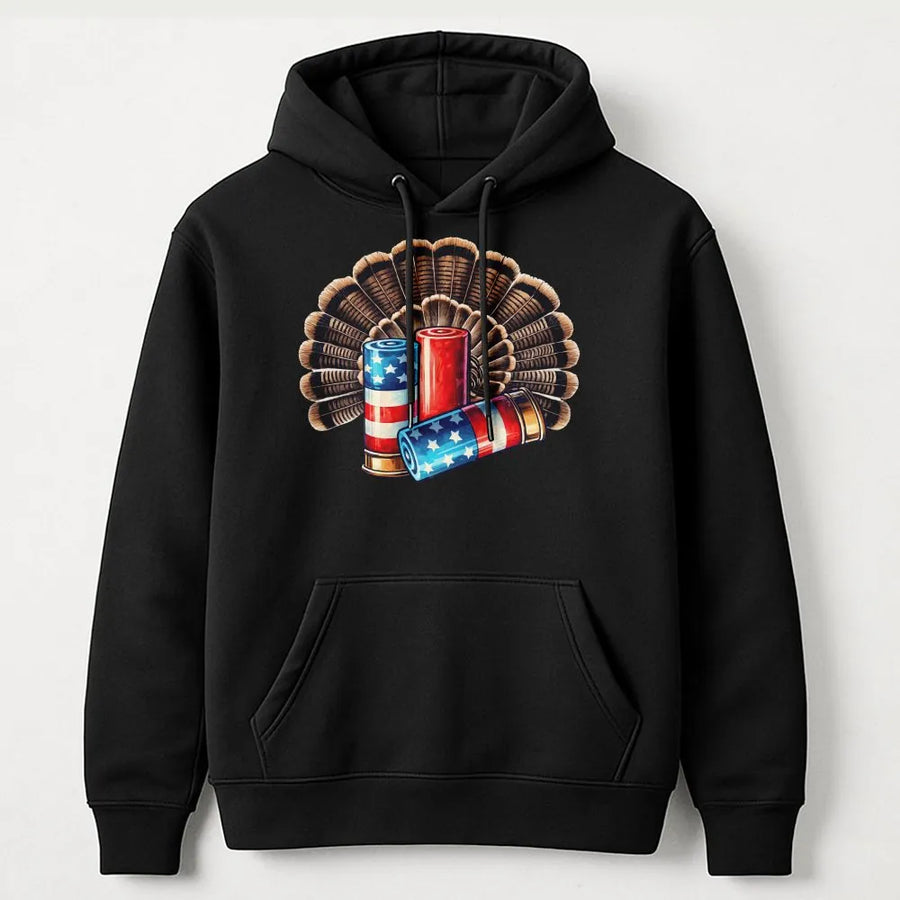 Patriotic Turkey Hunting Hoodie | American Flag Shotgun Shells & Feather Fan Graphic | Comfortable Cotton Blend | Gift for Hunter