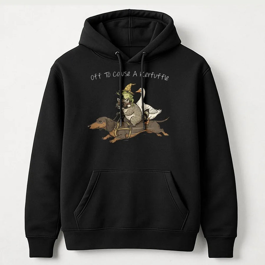 Off To Cause A Kerfuffle Hoodie | Funny Animal Meme Graphic | Soft Cotton-Polyester Blend | Premium Gift For Humor Lovers