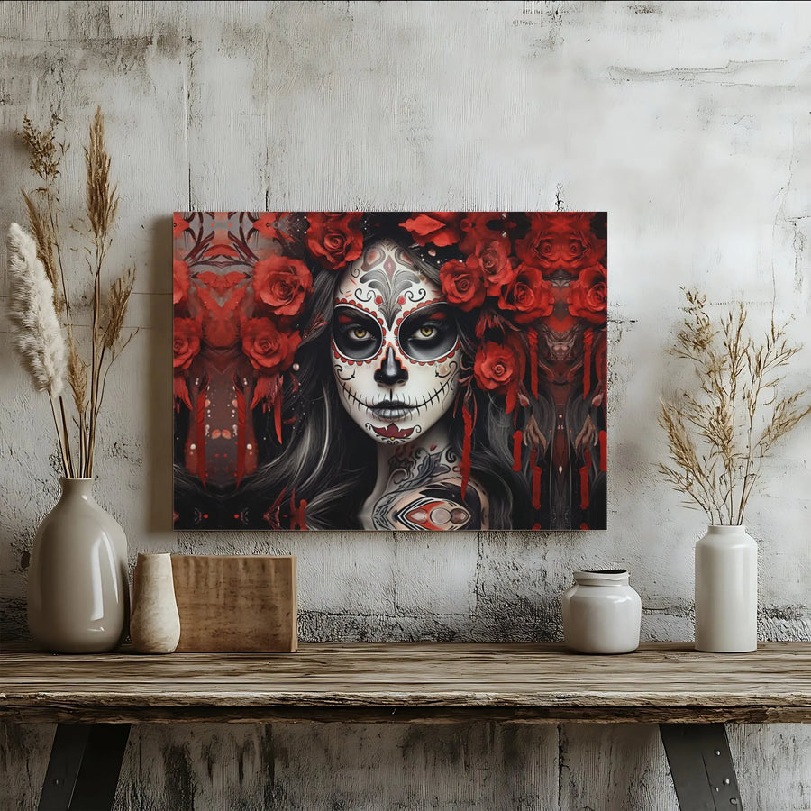 Day Of The Dead Canvas Art | Sugar Skull Woman With Red Roses | Gallery Wrap 1.25 Inch Thick | Gothic Home Decor Wall Hanging