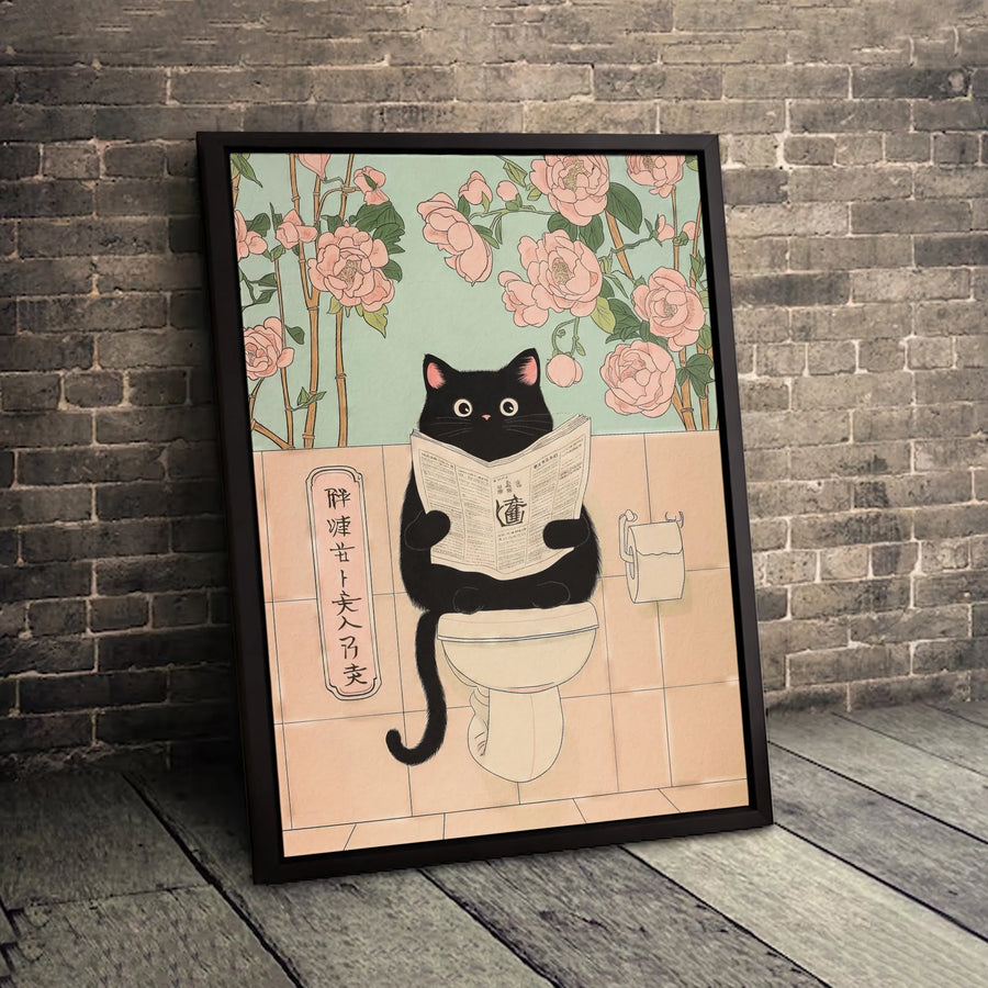Japanese Ukiyo-e Cat Canvas Art | Funny Black Cat Reading Newspaper on Toilet | Premium Gallery Wrapped Wall Decor | Unique Bathroom Gift for Cat Lovers