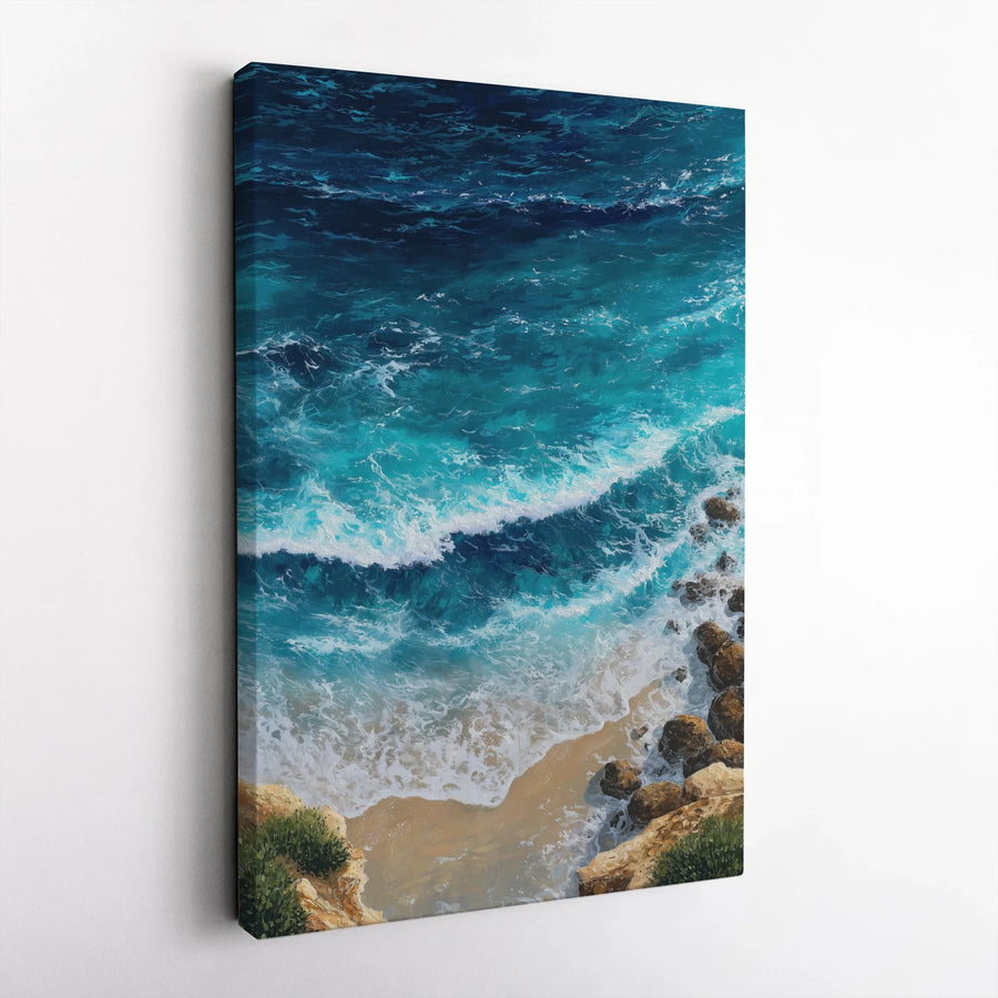Ocean Waves Wall Art | Aerial Coastal Beach Painting | Gallery Wrapped 1.25 Inch Canvas | Tropical Seascape Decor for Living Room