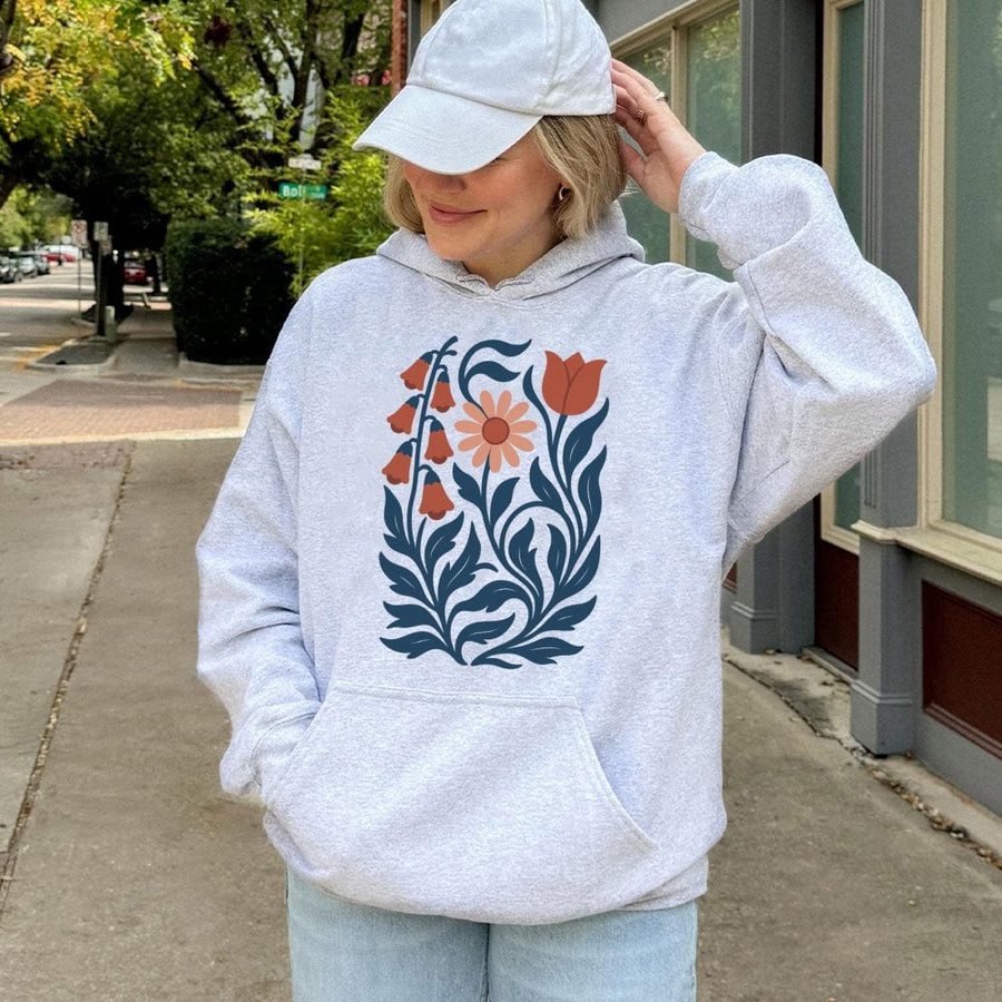Floral Graphic Hoodie | Retro Botanical Tulip Foxglove Design | Soft Cotton-Blend Premium Quality | Aesthetic Nature Lover Gift for Her